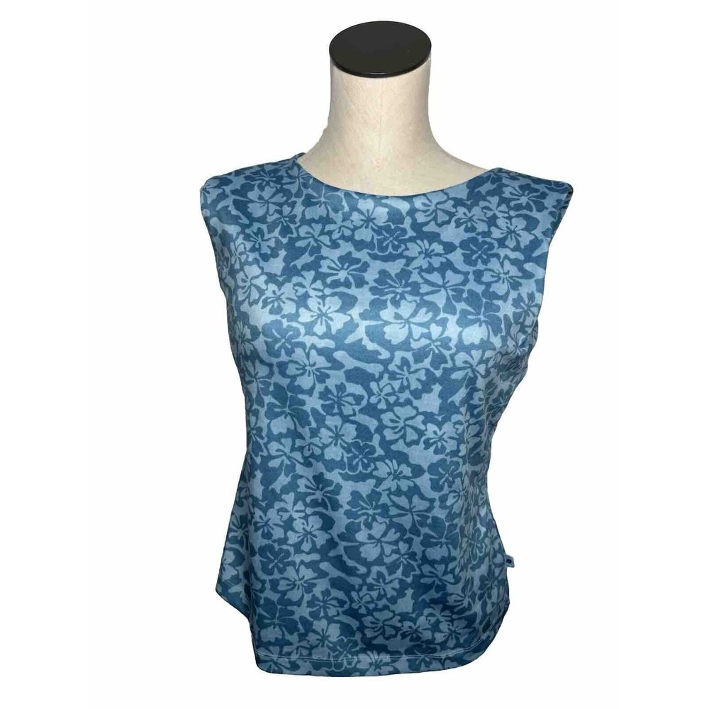 LL Bean Blue Floral Tank Top Tropical Hibiscus Medium Stretch